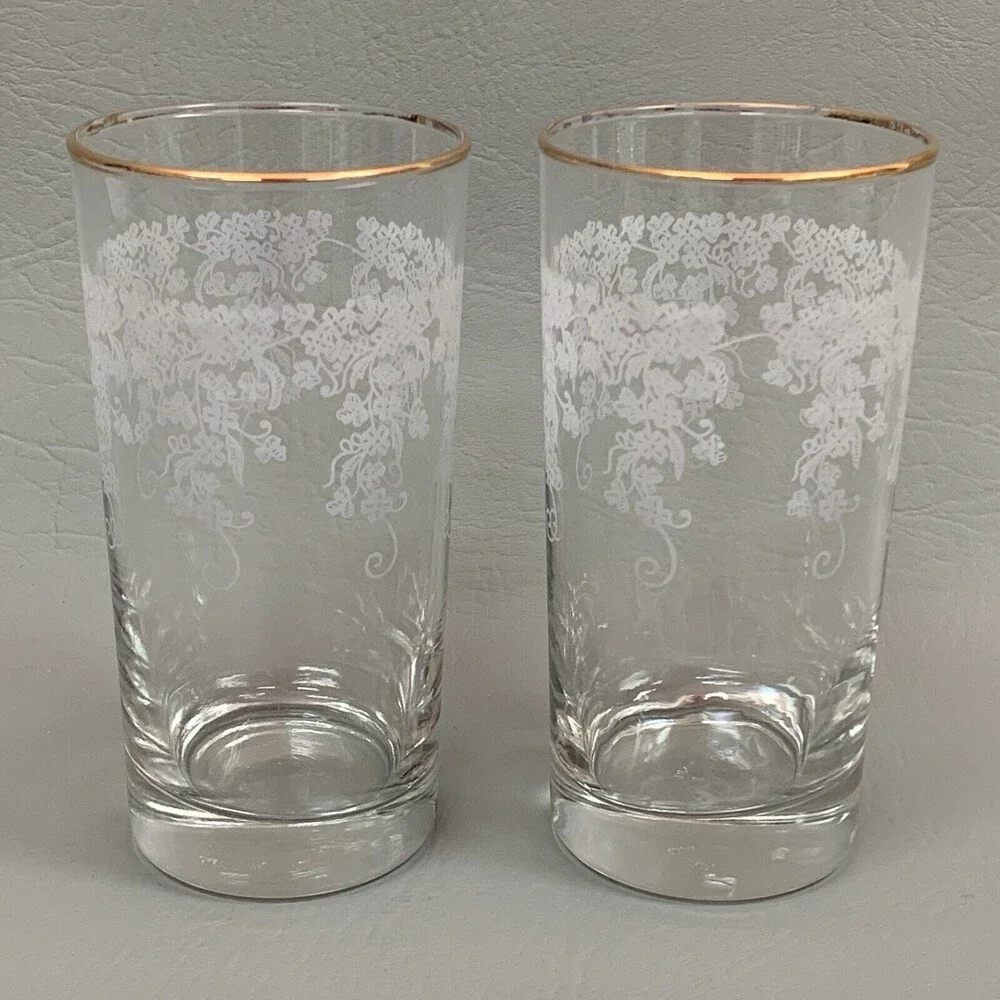 Highball Clear Glasses White‎ Flowers Floral Gold Trim Lot of 2